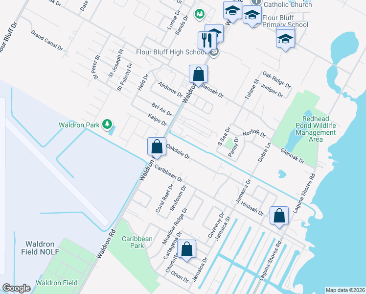 map of restaurants, bars, coffee shops, grocery stores, and more near 510 Oakdale Drive in Corpus Christi