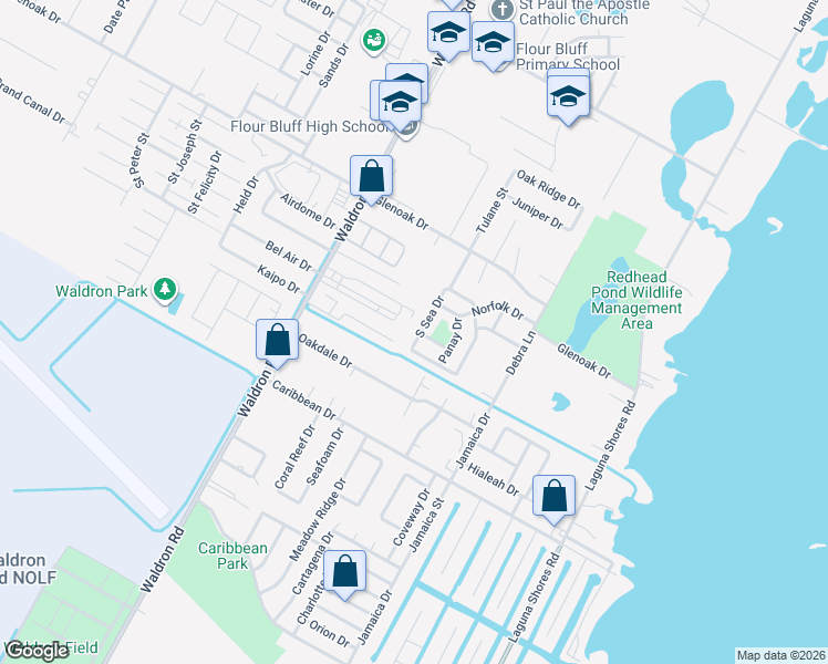 map of restaurants, bars, coffee shops, grocery stores, and more near 2809 South Sea Drive in Corpus Christi