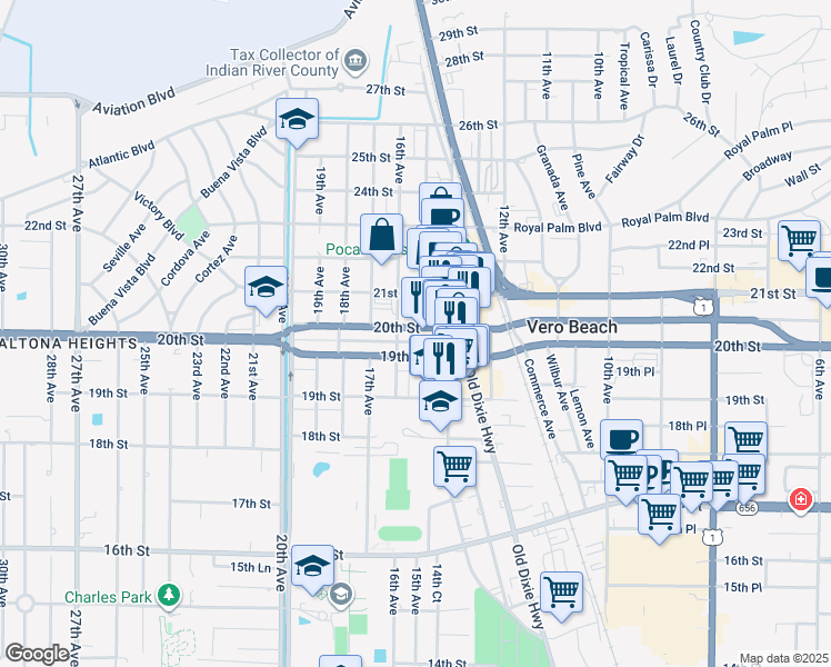 map of restaurants, bars, coffee shops, grocery stores, and more near 2026 15th Avenue in Vero Beach