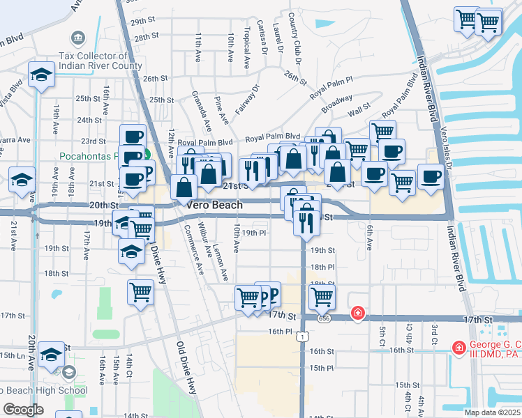 map of restaurants, bars, coffee shops, grocery stores, and more near 958 20th Place in Vero Beach