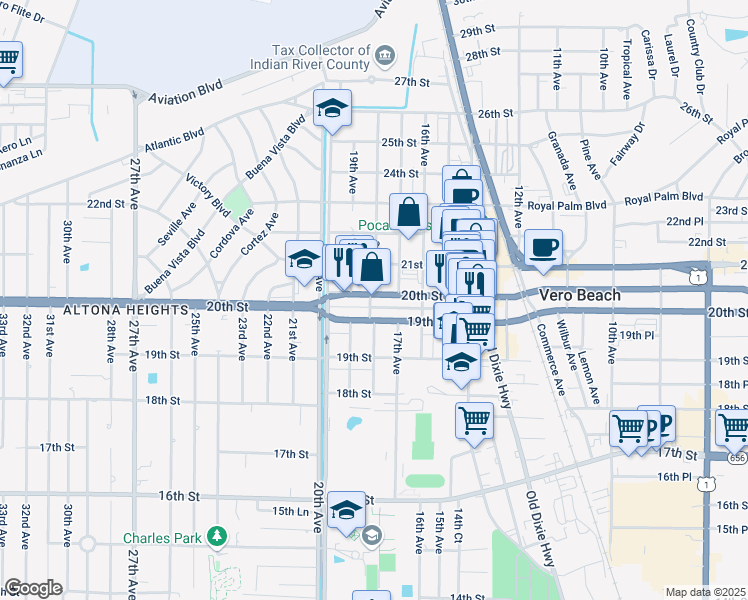 map of restaurants, bars, coffee shops, grocery stores, and more near 2002 18th Avenue in Vero Beach