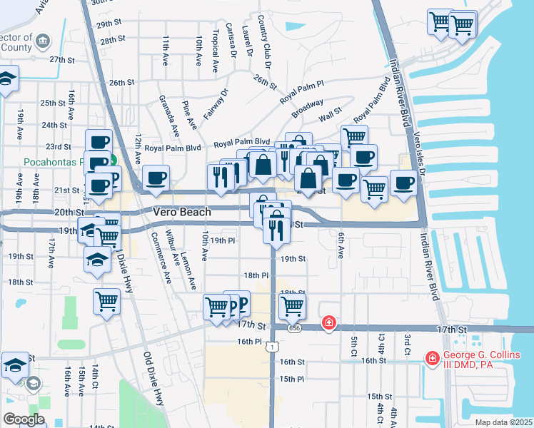 map of restaurants, bars, coffee shops, grocery stores, and more near 2045 U.S. 1 in Vero Beach