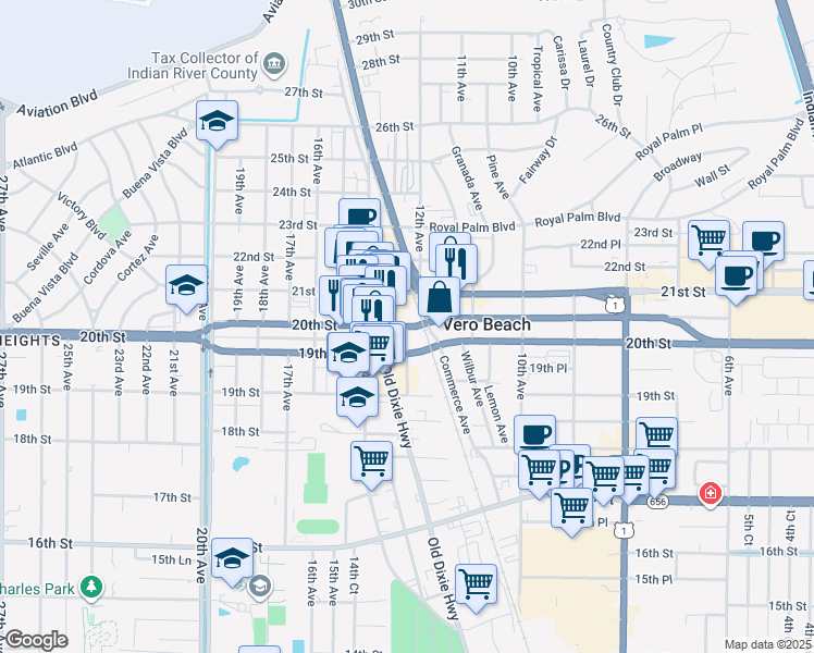 map of restaurants, bars, coffee shops, grocery stores, and more near 1221 20th Street in Vero Beach