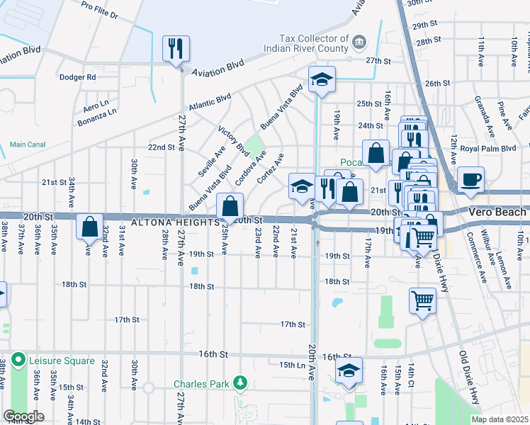 map of restaurants, bars, coffee shops, grocery stores, and more near 2025 De Leon Avenue in Vero Beach