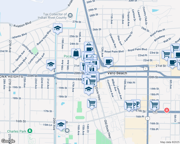 map of restaurants, bars, coffee shops, grocery stores, and more near 2026 15th Avenue in Vero Beach