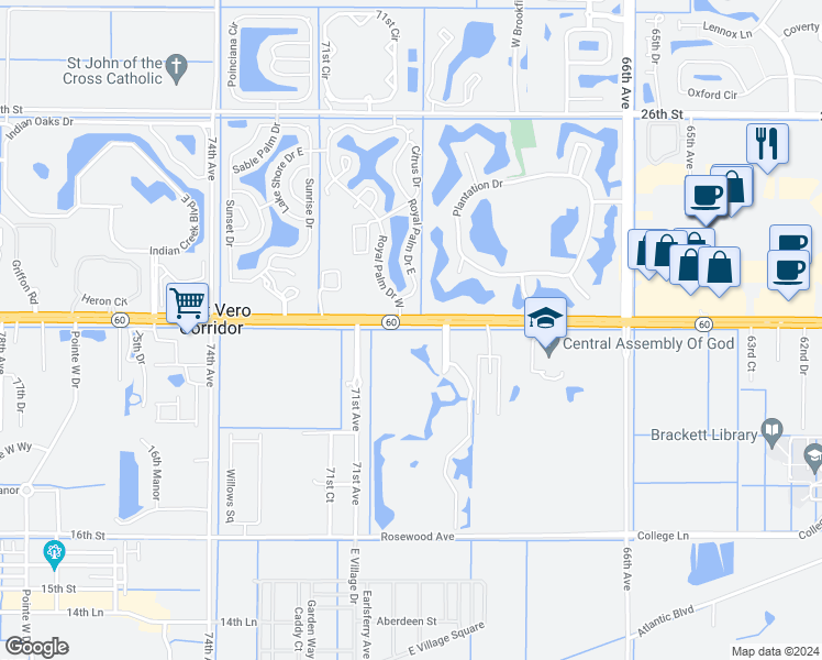 map of restaurants, bars, coffee shops, grocery stores, and more near 7006 Royal Palm Drive West in Vero Beach
