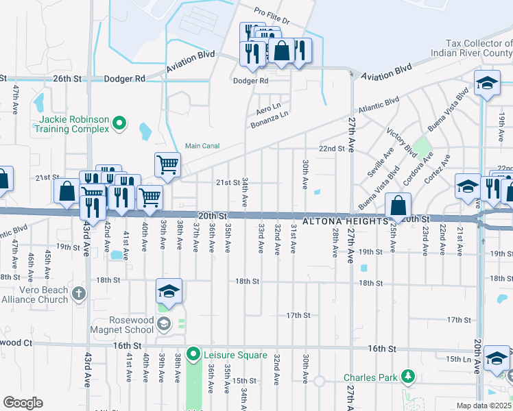 map of restaurants, bars, coffee shops, grocery stores, and more near 2025 33rd Avenue in Vero Beach