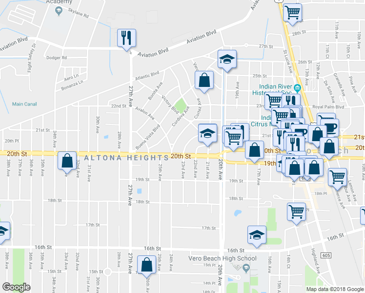 map of restaurants, bars, coffee shops, grocery stores, and more near 2025 De Leon Avenue in Vero Beach