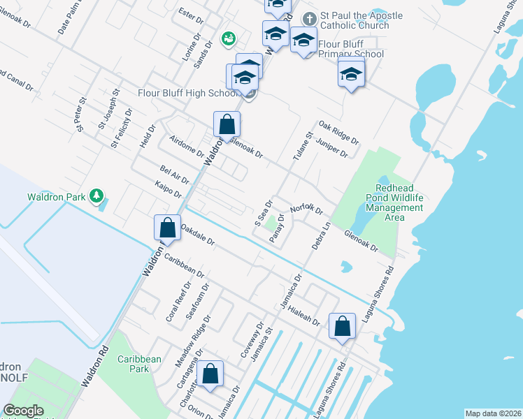 map of restaurants, bars, coffee shops, grocery stores, and more near 2809 South Sea Drive in Corpus Christi