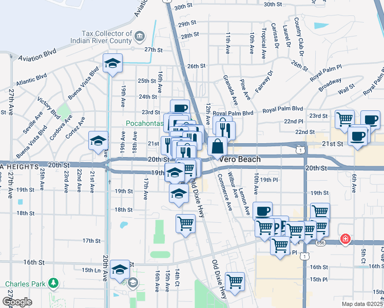 map of restaurants, bars, coffee shops, grocery stores, and more near 2025 13th Avenue in Vero Beach