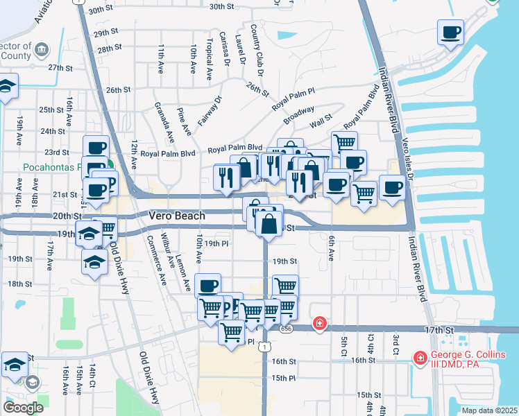 map of restaurants, bars, coffee shops, grocery stores, and more near 2045 U.S. 1 in Vero Beach