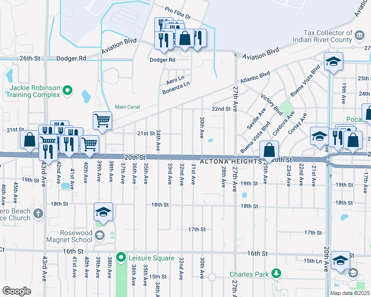 map of restaurants, bars, coffee shops, grocery stores, and more near 2036 32nd Avenue in Vero Beach