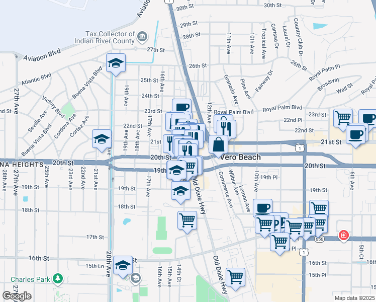 map of restaurants, bars, coffee shops, grocery stores, and more near 2025 13th Avenue in Vero Beach