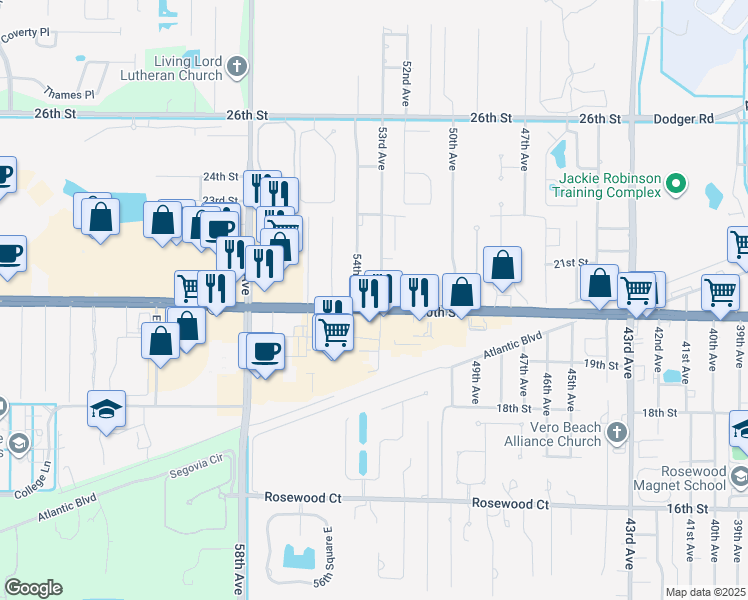 map of restaurants, bars, coffee shops, grocery stores, and more near 2005 53rd Avenue in Vero Beach
