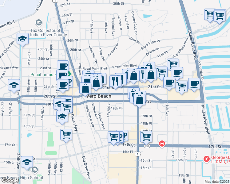 map of restaurants, bars, coffee shops, grocery stores, and more near 958 20th Place in Vero Beach