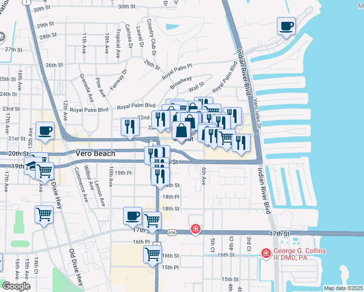 map of restaurants, bars, coffee shops, grocery stores, and more near 611 20th Place in Vero Beach