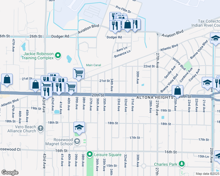 map of restaurants, bars, coffee shops, grocery stores, and more near 2055 34th Avenue in Vero Beach