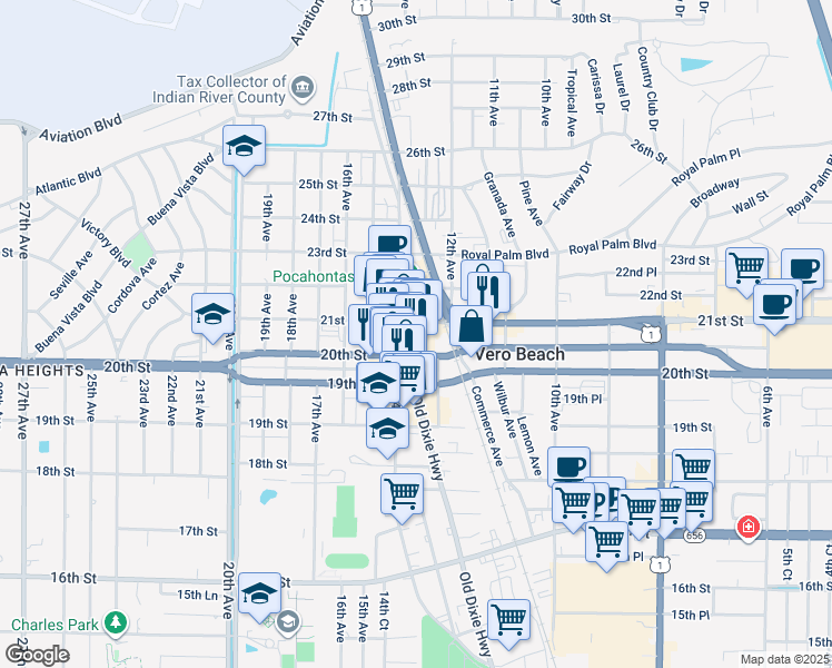 map of restaurants, bars, coffee shops, grocery stores, and more near 2025 13th Avenue in Vero Beach