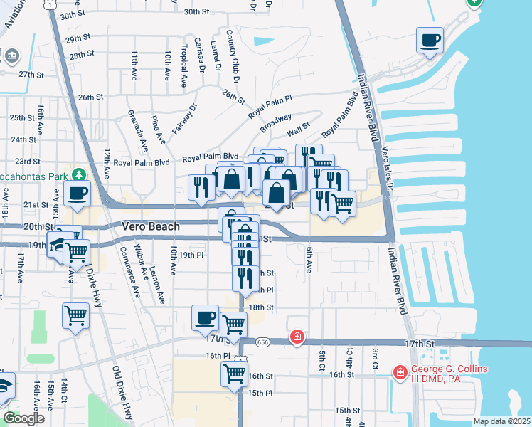 map of restaurants, bars, coffee shops, grocery stores, and more near 755 21st Street in Vero Beach