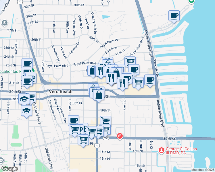 map of restaurants, bars, coffee shops, grocery stores, and more near 755 21st Street in Vero Beach