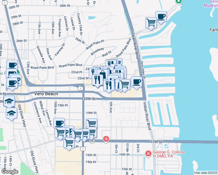 map of restaurants, bars, coffee shops, grocery stores, and more near 2060 6th Avenue in Vero Beach