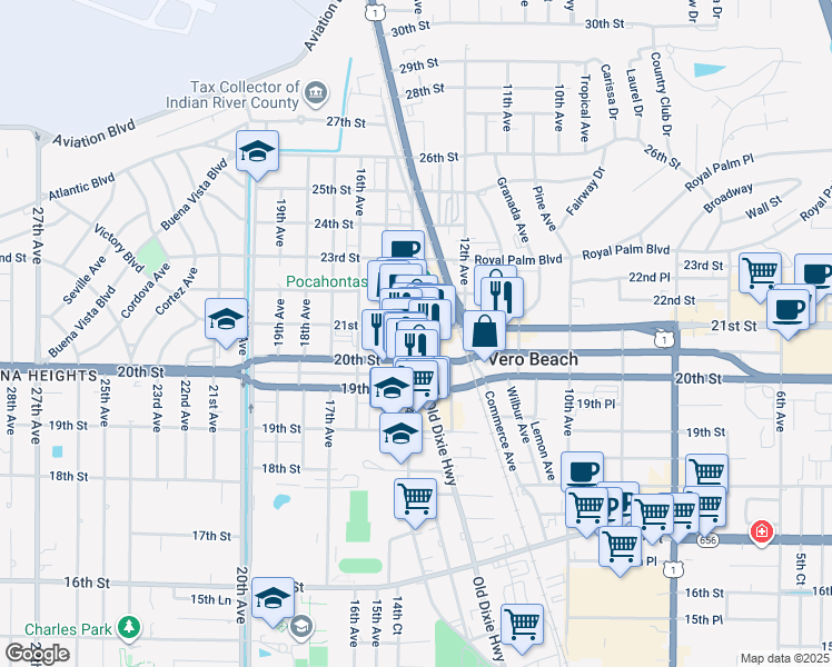 map of restaurants, bars, coffee shops, grocery stores, and more near 2025 13th Avenue in Vero Beach