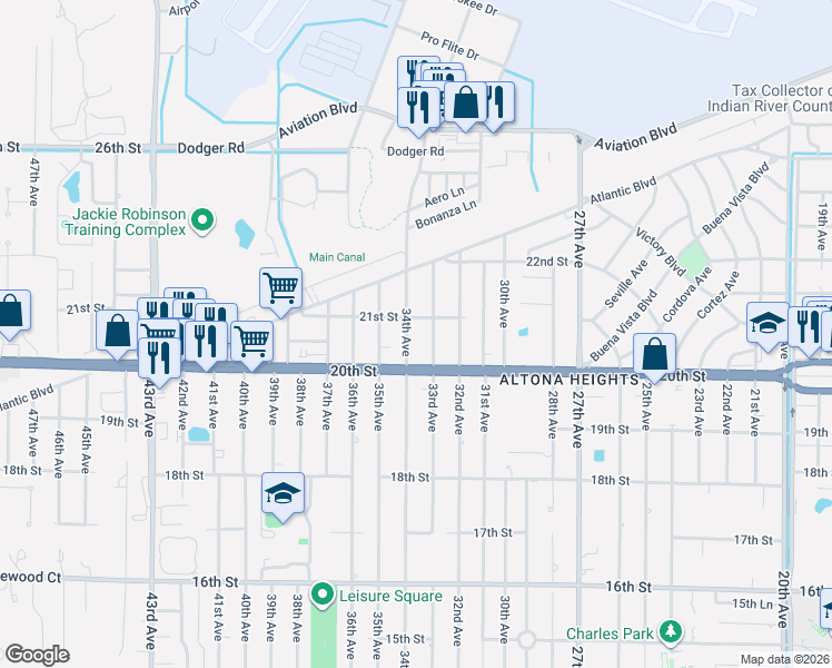 map of restaurants, bars, coffee shops, grocery stores, and more near 2025 33rd Avenue in Vero Beach