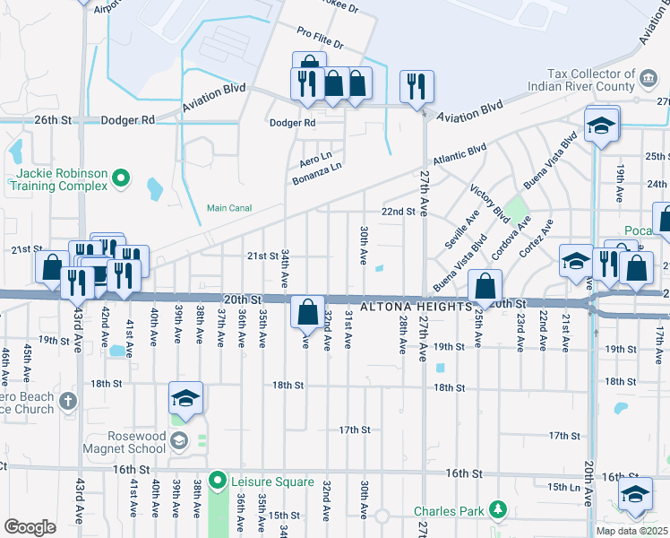 map of restaurants, bars, coffee shops, grocery stores, and more near 2036 32nd Avenue in Vero Beach