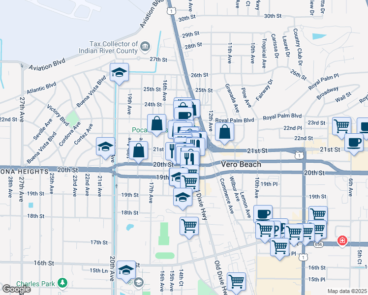 map of restaurants, bars, coffee shops, grocery stores, and more near 2150 15th Avenue in Vero Beach