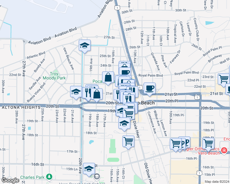 map of restaurants, bars, coffee shops, grocery stores, and more near 1534 21st Street in Vero Beach