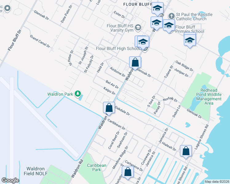 map of restaurants, bars, coffee shops, grocery stores, and more near 605 Bel Air Drive in Corpus Christi