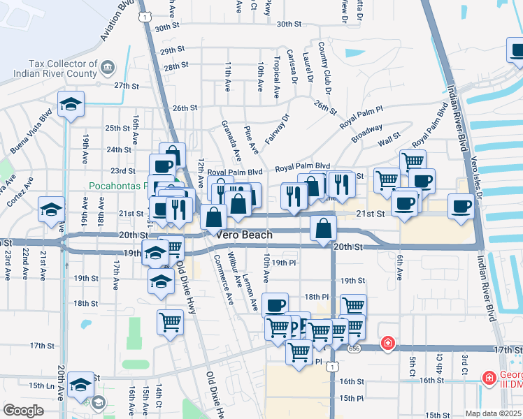 map of restaurants, bars, coffee shops, grocery stores, and more near 2182 Ponce De Leon Circle in Vero Beach