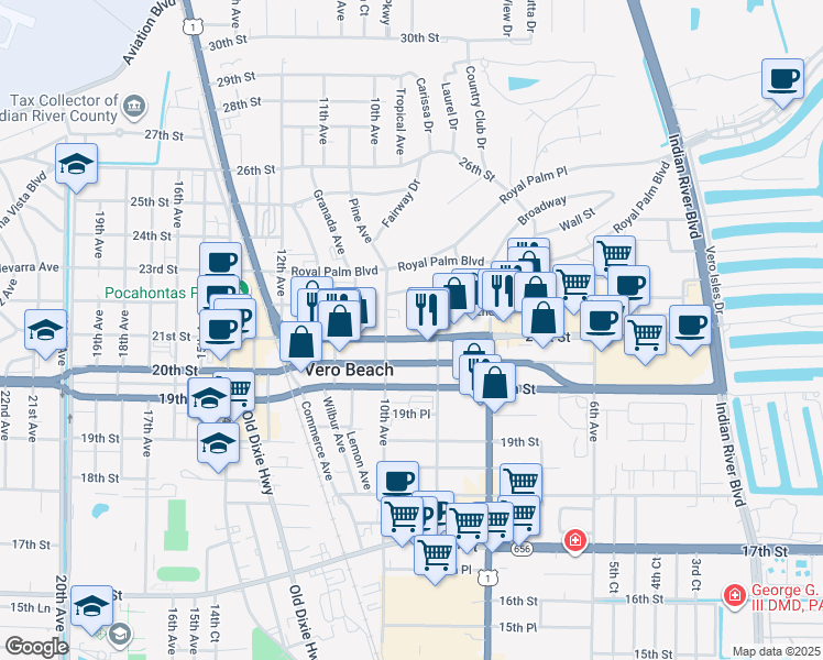 map of restaurants, bars, coffee shops, grocery stores, and more near 2180 10th Avenue in Vero Beach