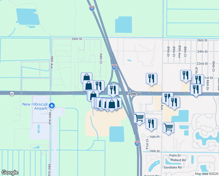 map of restaurants, bars, coffee shops, grocery stores, and more near 2050 94th Avenue in Vero Beach