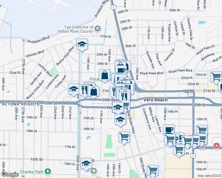 map of restaurants, bars, coffee shops, grocery stores, and more near 1534 21st Street in Vero Beach