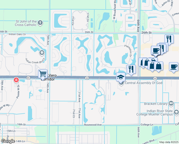 map of restaurants, bars, coffee shops, grocery stores, and more near Royal Palm Dr E in Vero Beach