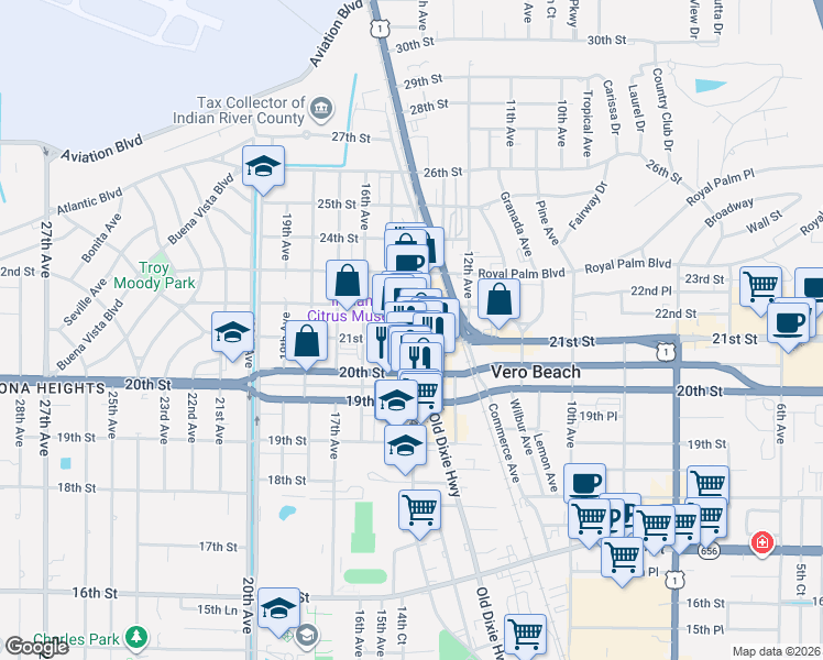 map of restaurants, bars, coffee shops, grocery stores, and more near 2150 15th Avenue in Vero Beach