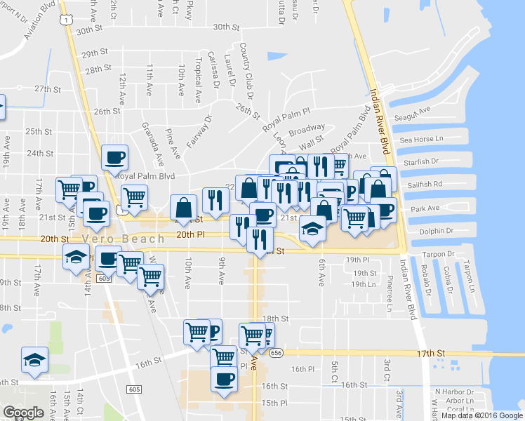 map of restaurants, bars, coffee shops, grocery stores, and more near 762 21st Street in Vero Beach