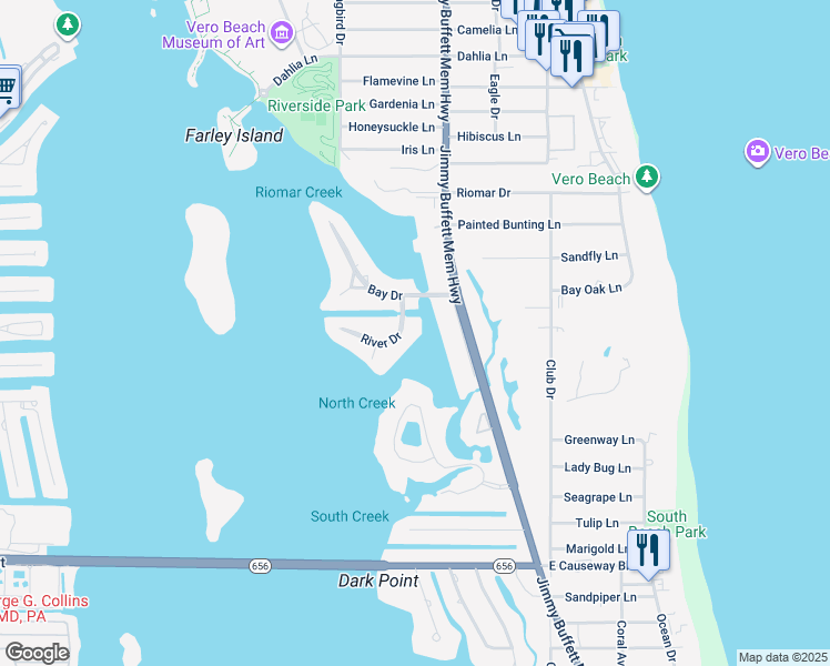 map of restaurants, bars, coffee shops, grocery stores, and more near 2203 Cove Drive in Vero Beach