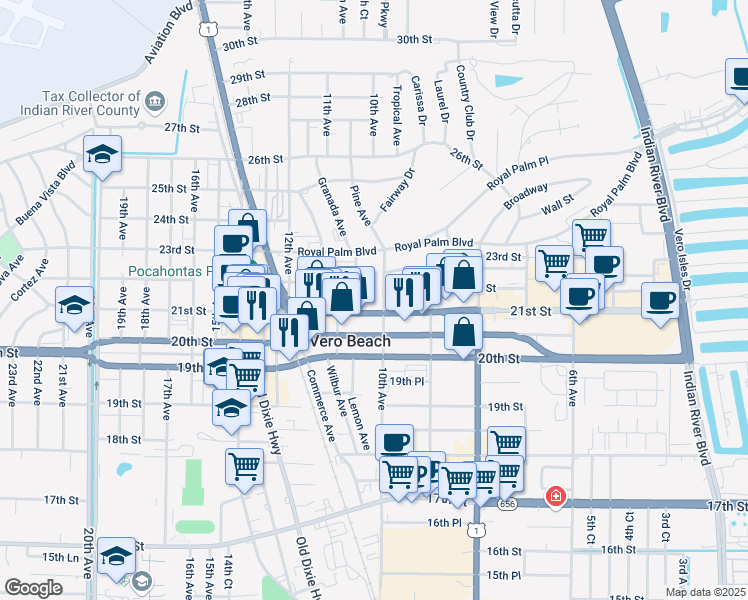 map of restaurants, bars, coffee shops, grocery stores, and more near 2182 Ponce De Leon Circle in Vero Beach