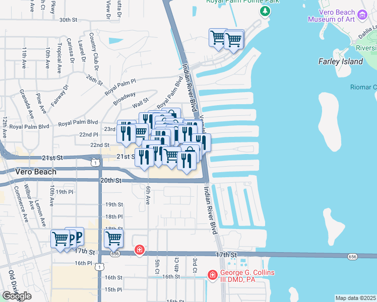 map of restaurants, bars, coffee shops, grocery stores, and more near 390 21st Street in Vero Beach