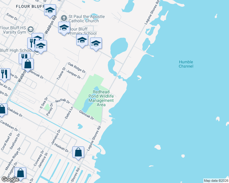 map of restaurants, bars, coffee shops, grocery stores, and more near 2501 Laguna Shores Road in Corpus Christi