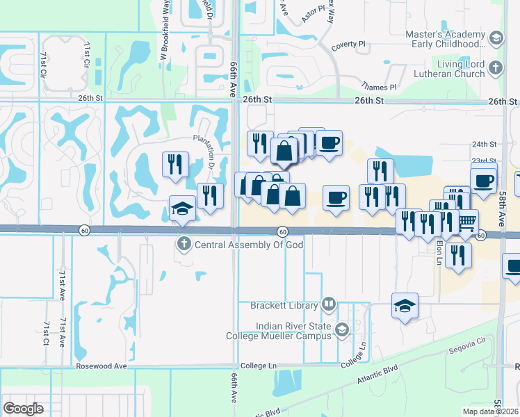 map of restaurants, bars, coffee shops, grocery stores, and more near 6560 20th Street in Vero Beach