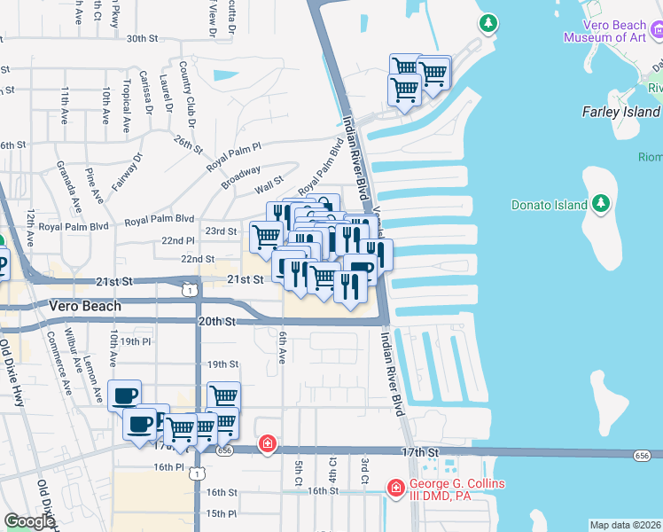 map of restaurants, bars, coffee shops, grocery stores, and more near 398 Service Alley in Vero Beach