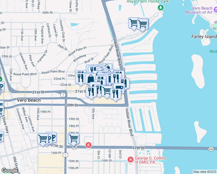 map of restaurants, bars, coffee shops, grocery stores, and more near 502 21st Street in Vero Beach