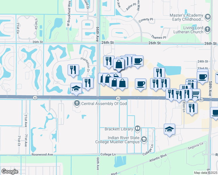 map of restaurants, bars, coffee shops, grocery stores, and more near 6560 20th Street in Vero Beach