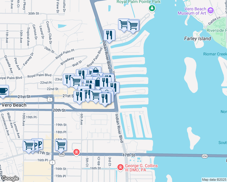 map of restaurants, bars, coffee shops, grocery stores, and more near Indian River Boulevard in Vero Beach