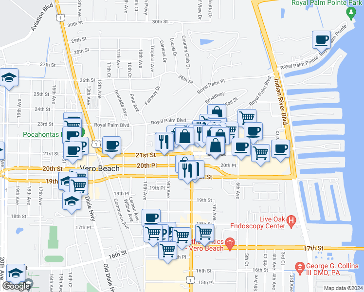 map of restaurants, bars, coffee shops, grocery stores, and more near 2117 8th Avenue in Vero Beach