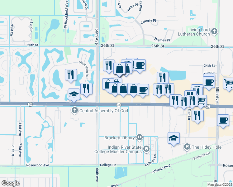 map of restaurants, bars, coffee shops, grocery stores, and more near 6480 20th Street in Vero Beach