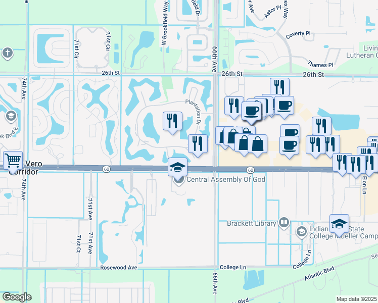 map of restaurants, bars, coffee shops, grocery stores, and more near 45 Plantation Drive in Vero Beach